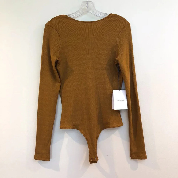 GOLDSIGN Long Sleeve Cheeky Designer Ribbed V Back Bodysuit in Ochre XL NWT - Picture 2 of 12